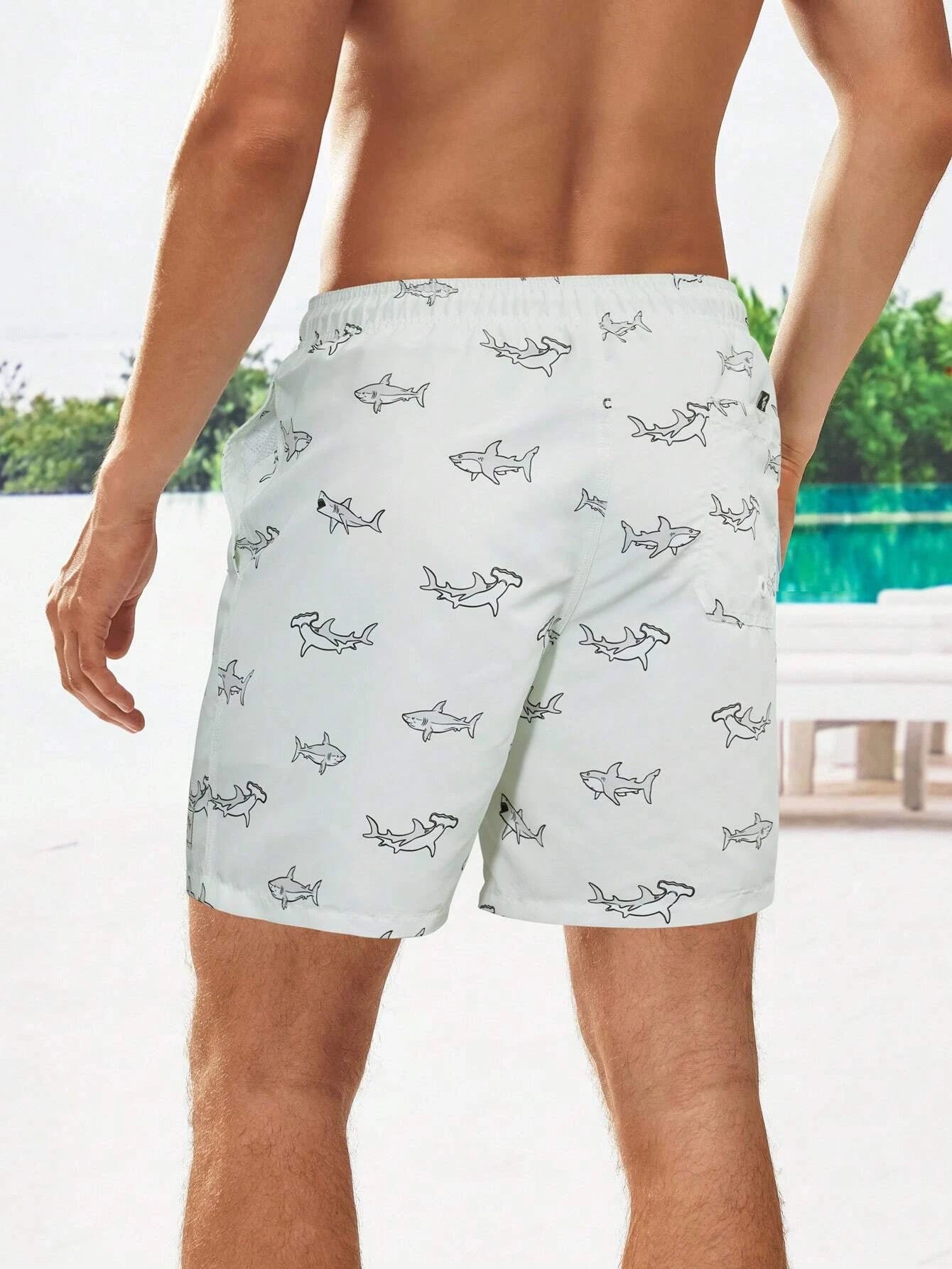 Shark Print Drawstring Waist Swim Shorts-Waves And Trunks