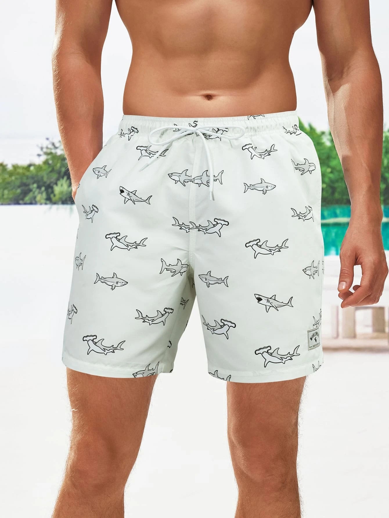 Shark Print Drawstring Waist Swim Shorts-Waves And Trunks