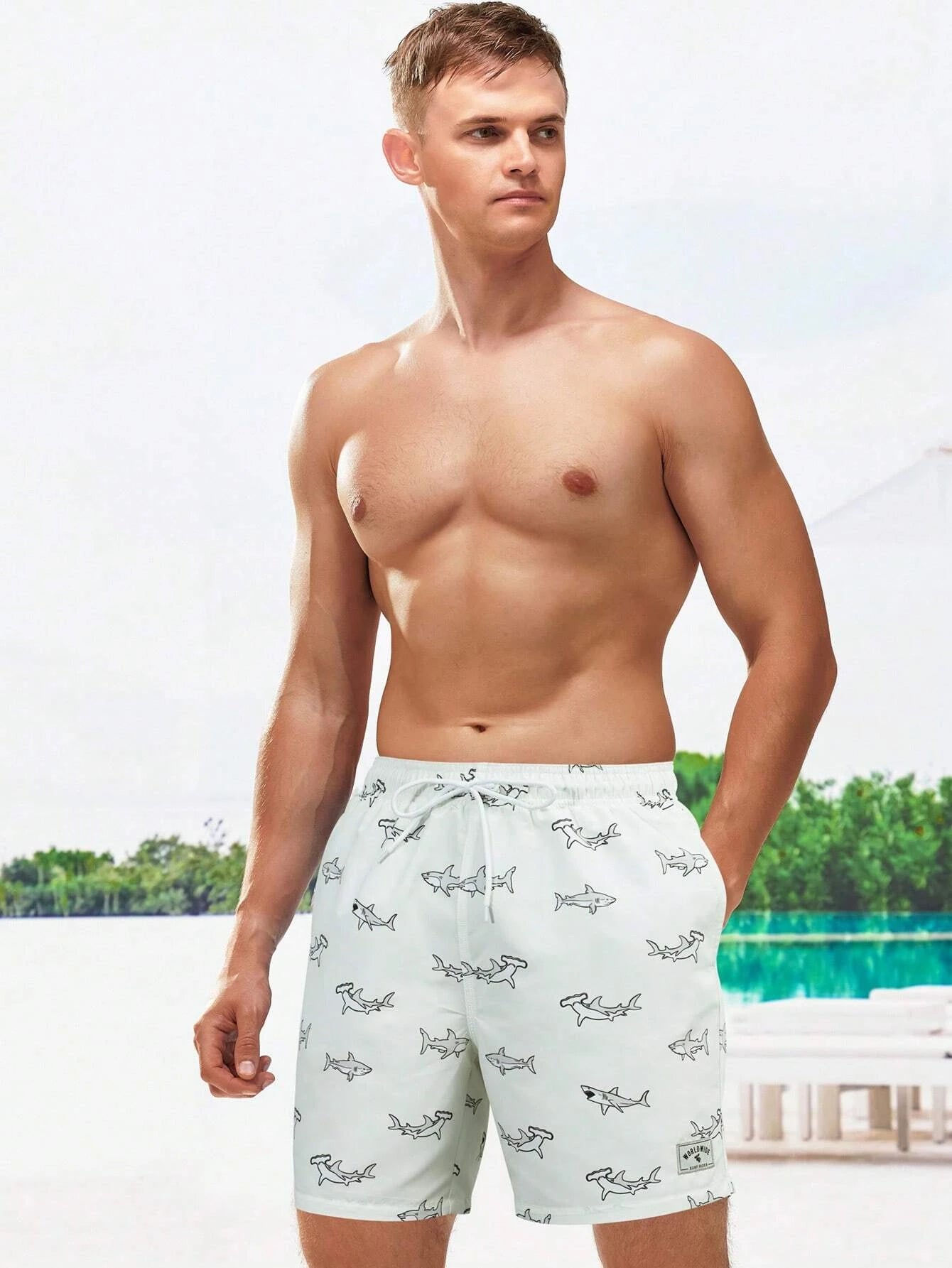 Shark Print Drawstring Waist Swim Shorts-Waves And Trunks