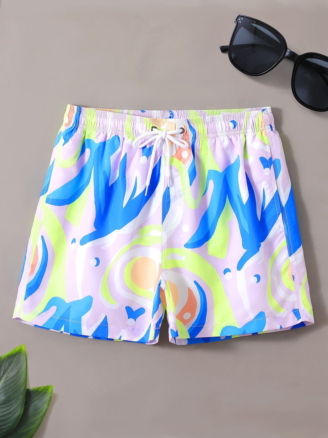Drawstring Waist Printed Swim Trunks-Waves And Trunks