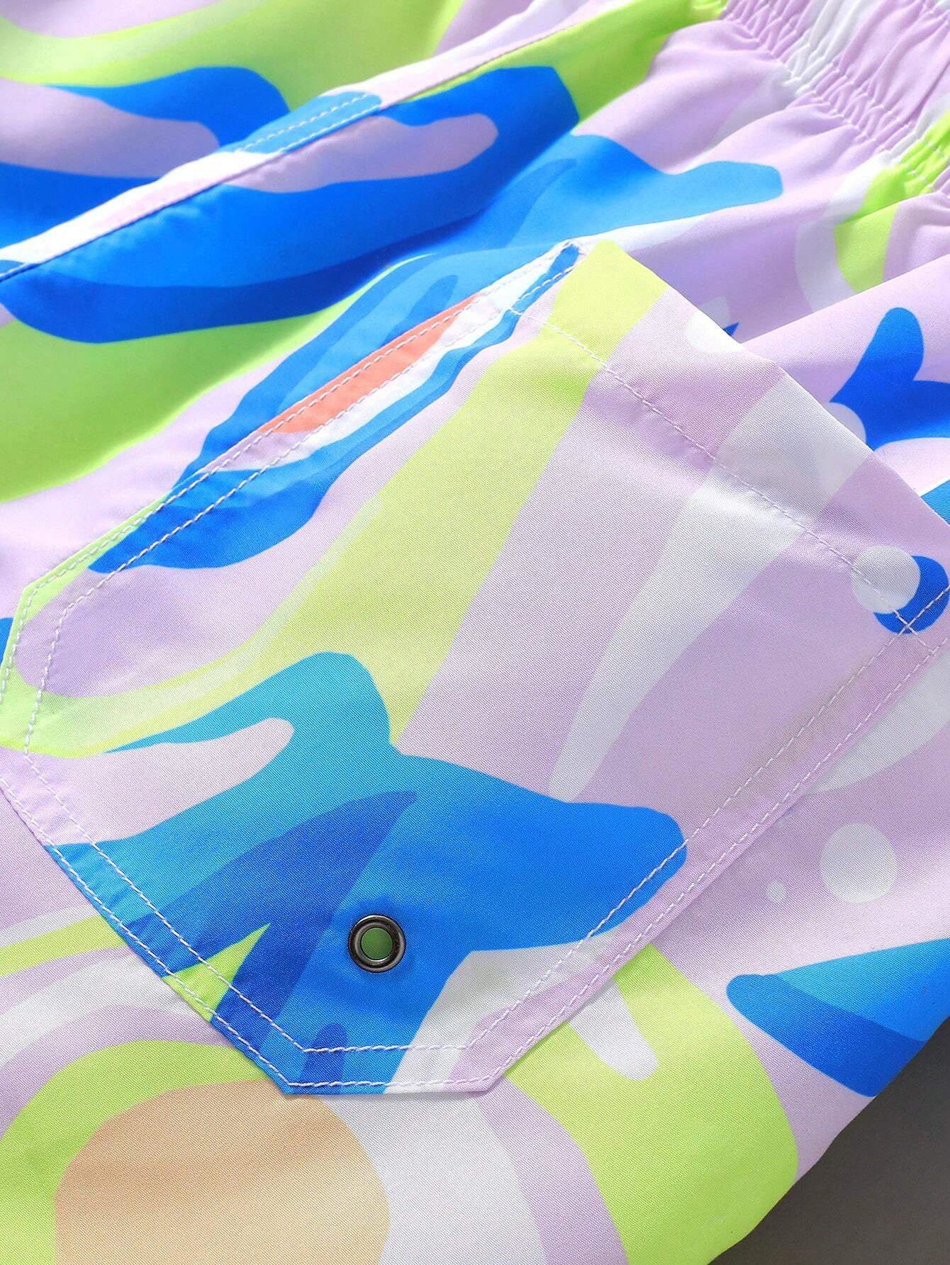 Drawstring Waist Printed Swim Trunks-Waves And Trunks