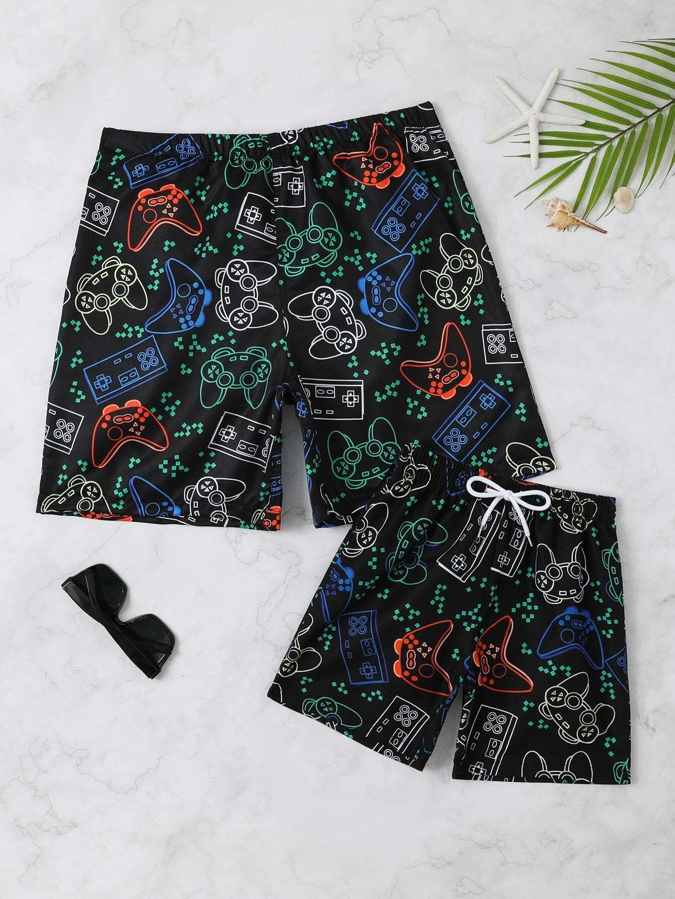 Cartoon Gamepad Print Bottoms-Waves And Trunks