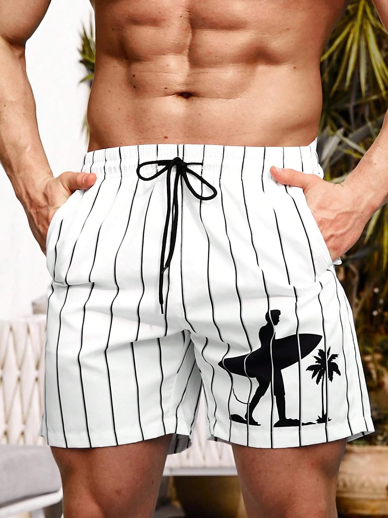 Striped Graphic Print Swim Shorts-Waves And Trunks