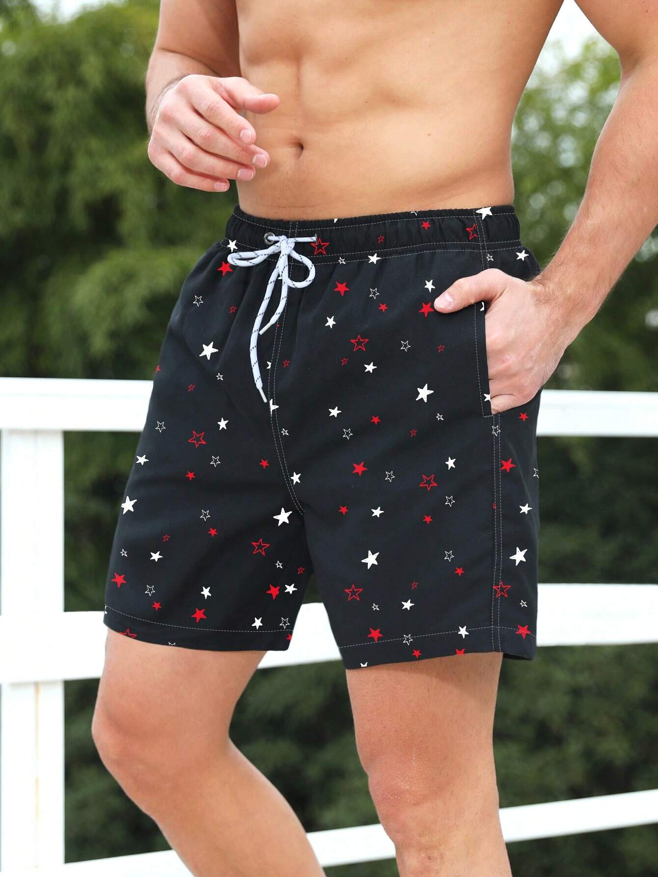 Allover Star Print Drawstring Waist Beach Trunks-Waves And Trunks