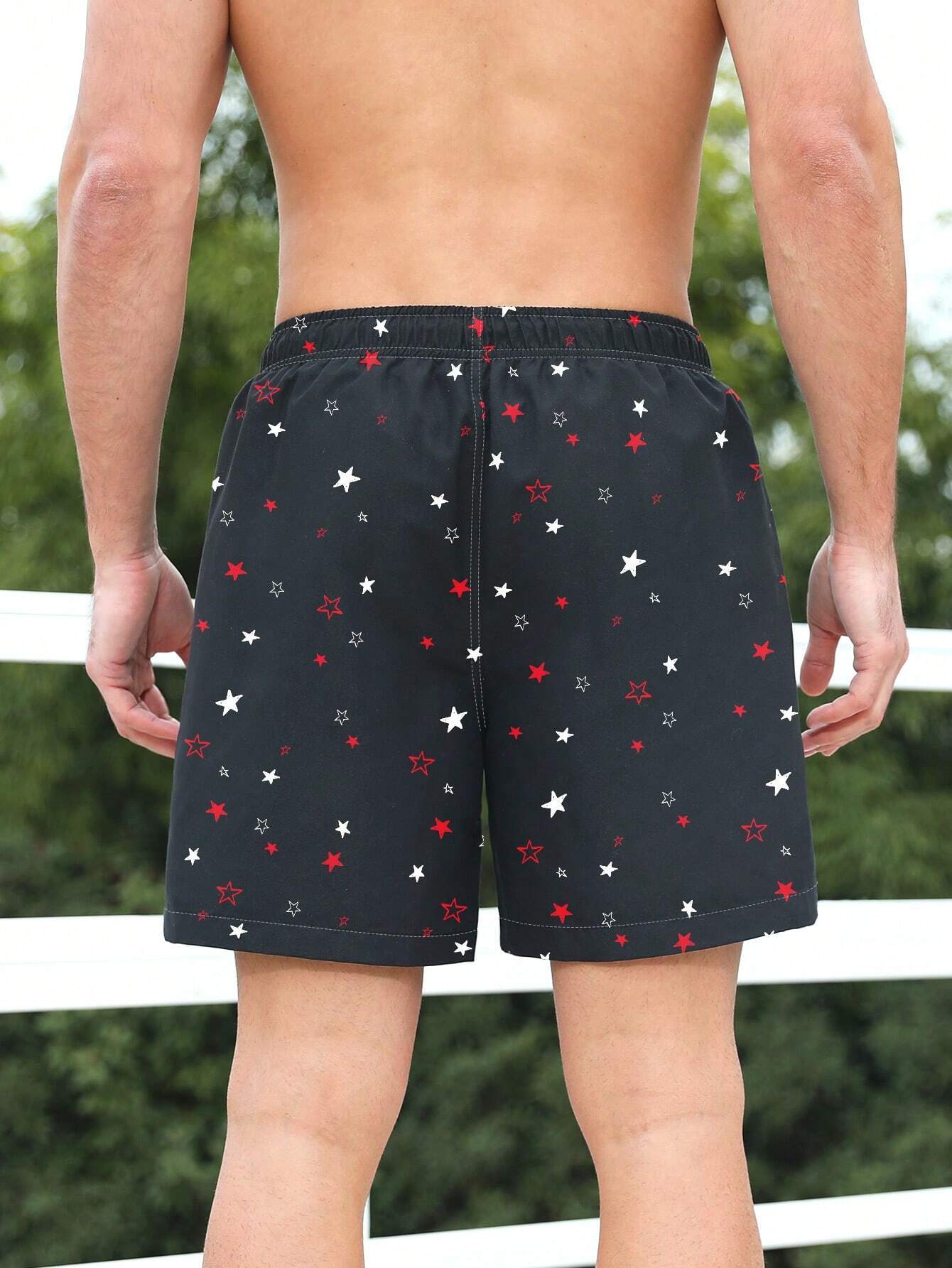 Allover Star Print Drawstring Waist Beach Trunks-Waves And Trunks