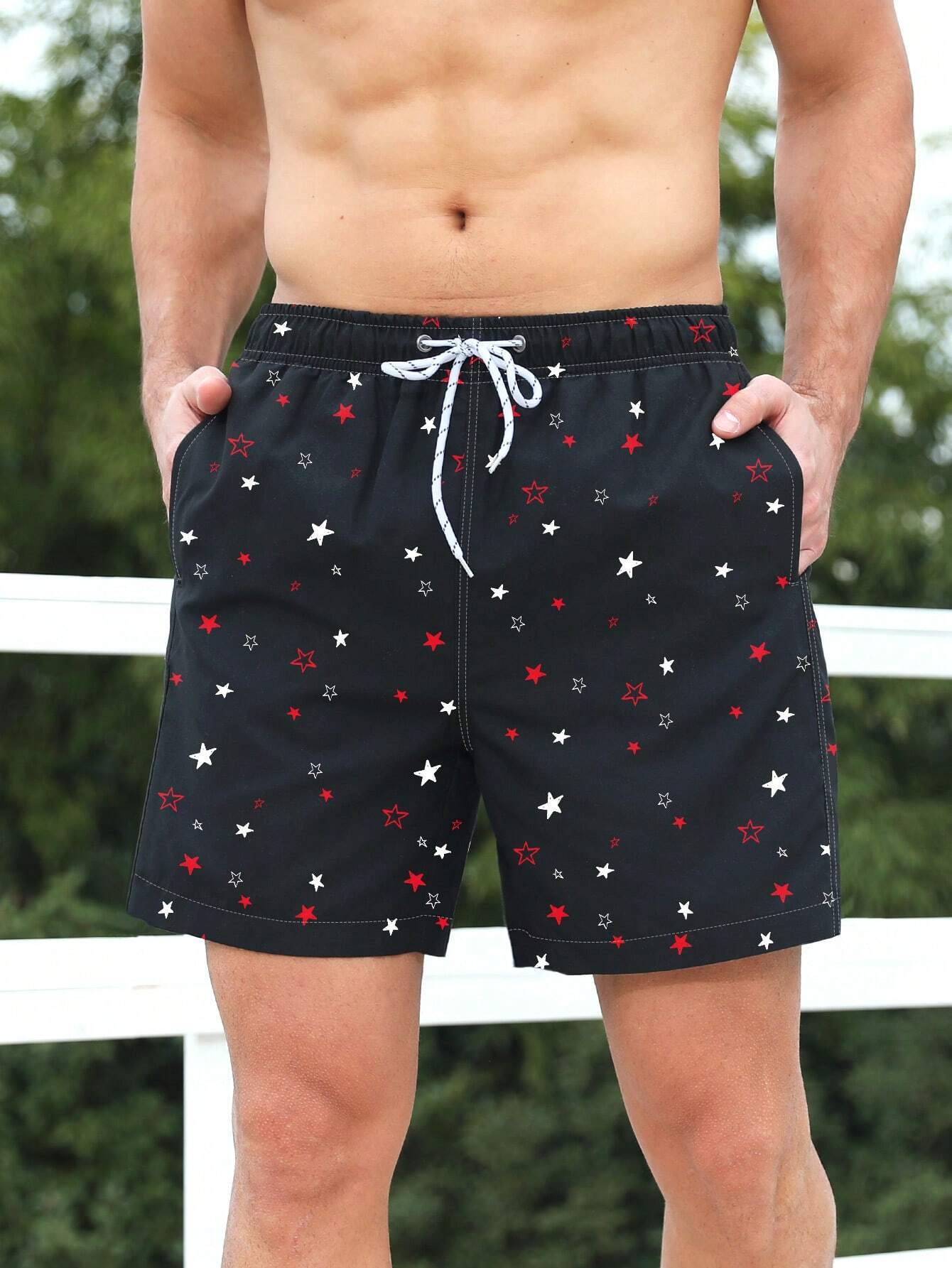 Allover Star Print Drawstring Waist Beach Trunks-Waves And Trunks
