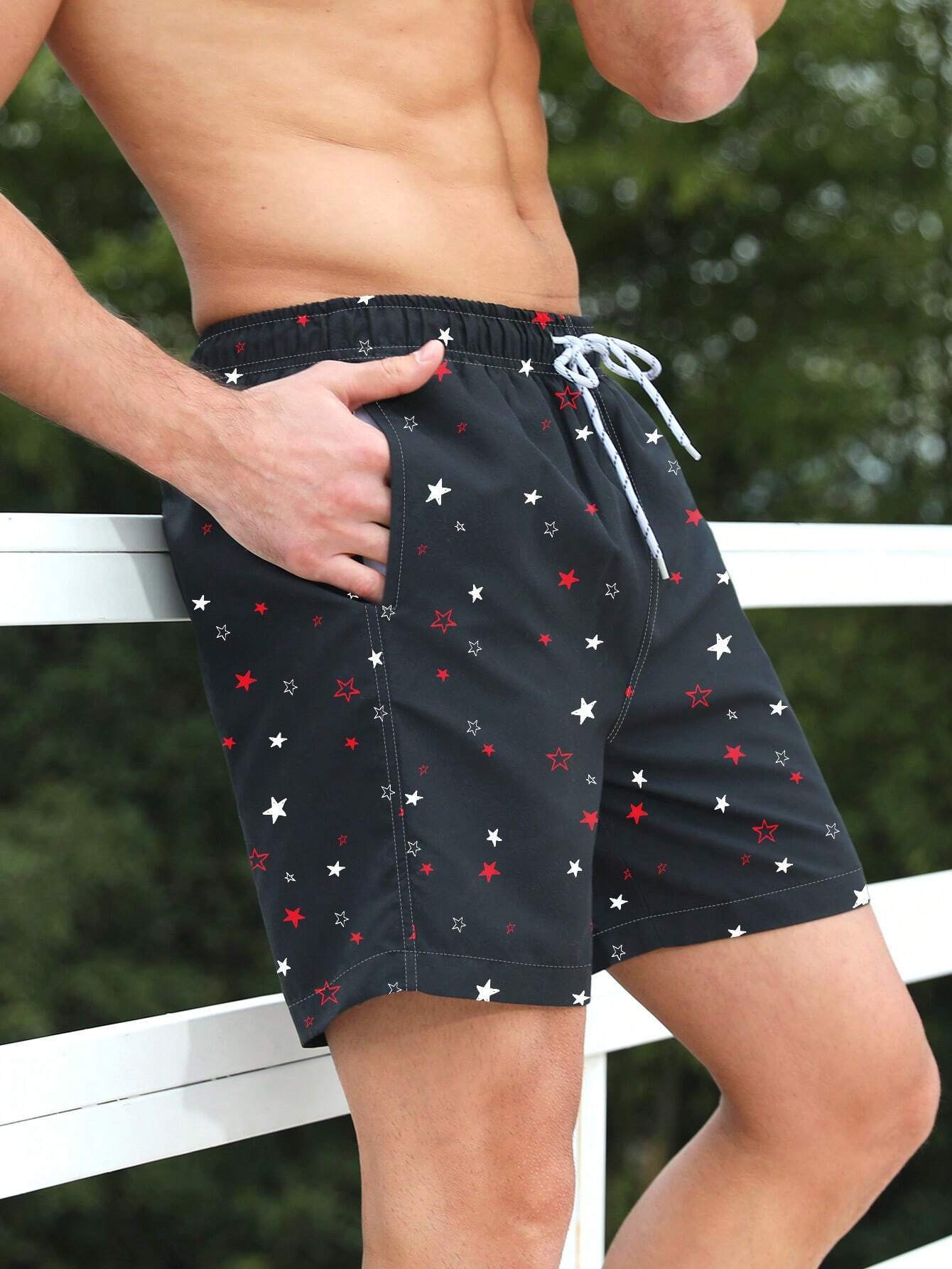 Allover Star Print Drawstring Waist Beach Trunks-Waves And Trunks