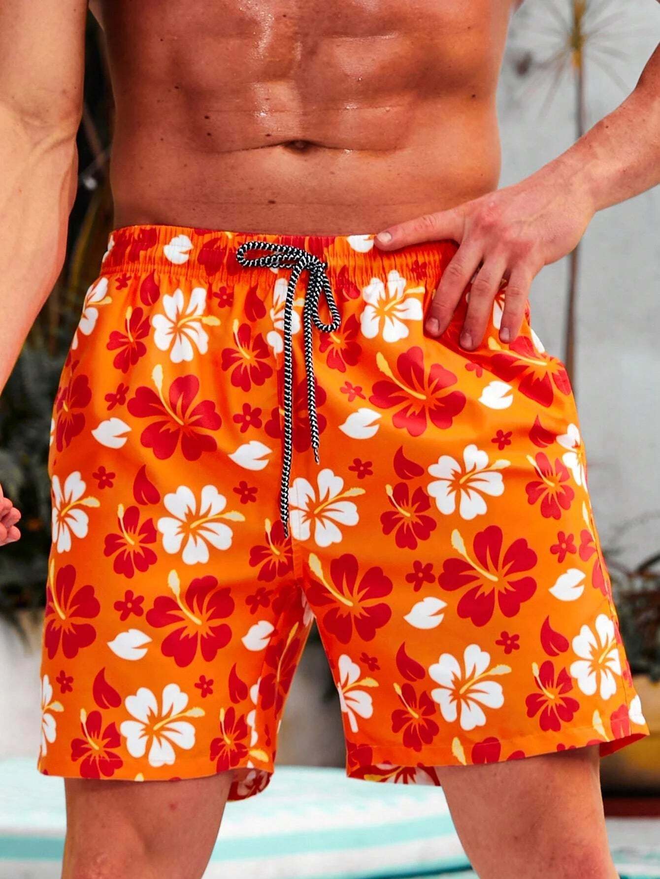 Drawstring Floral Printed Non Stretch Swim Trunks-Waves And Trunks