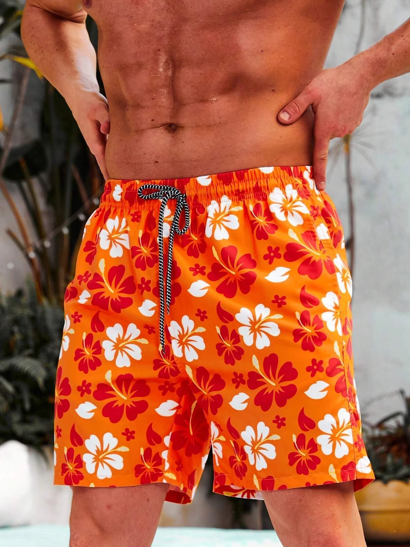 Drawstring Floral Printed Non Stretch Swim Trunks-Waves And Trunks