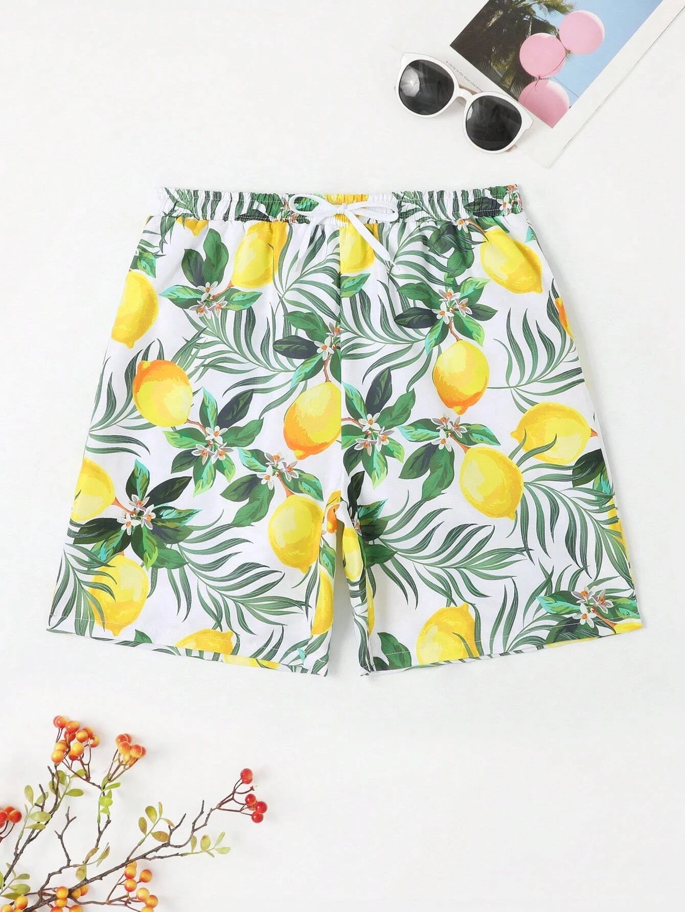 Lemon Print Drawstring  Swim Trunks-Waves And Trunks