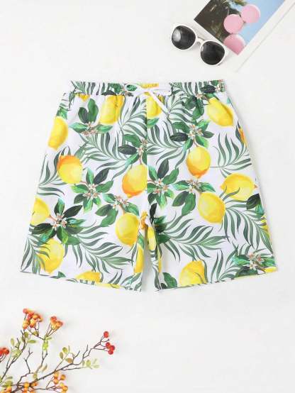 Lemon Print Drawstring  Swim Trunks-Waves And Trunks