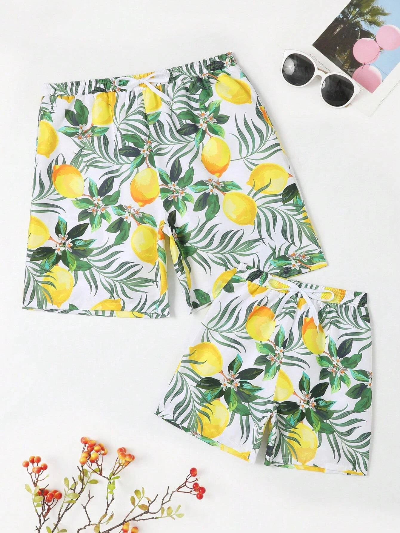 Lemon Print Drawstring  Swim Trunks-Waves And Trunks