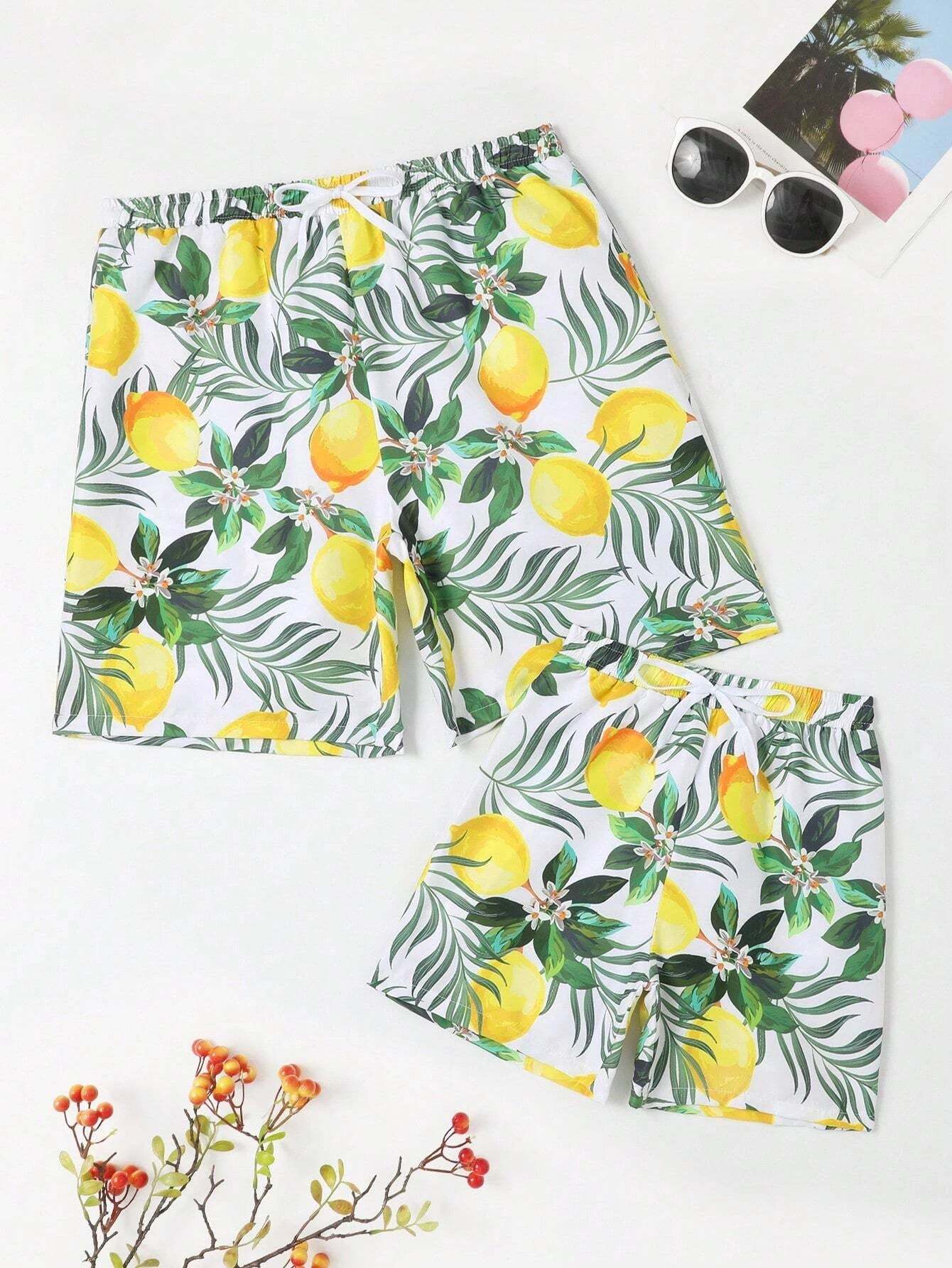 Lemon Print Drawstring  Swim Trunks-Waves And Trunks