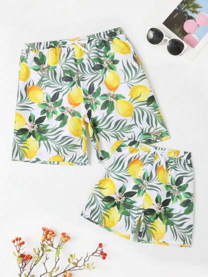 Lemon Print Drawstring  Swim Trunks-Waves And Trunks