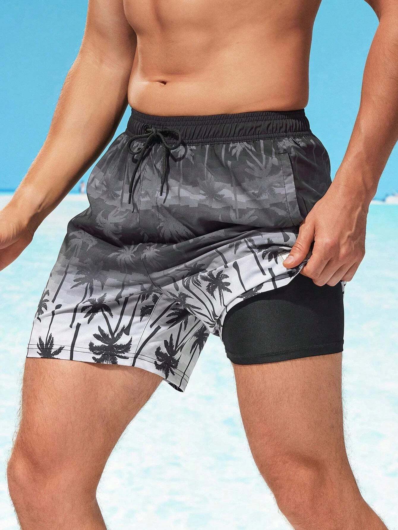 Tropical Print 2 In 1 Drawstring Waist Pocket Swim Trunks-Waves And Trunks