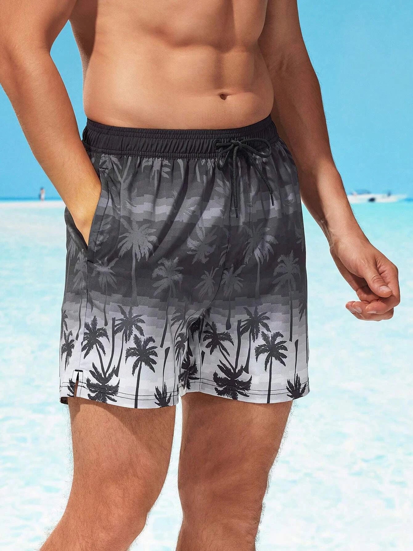 Tropical Print 2 In 1 Drawstring Waist Pocket Swim Trunks-Waves And Trunks