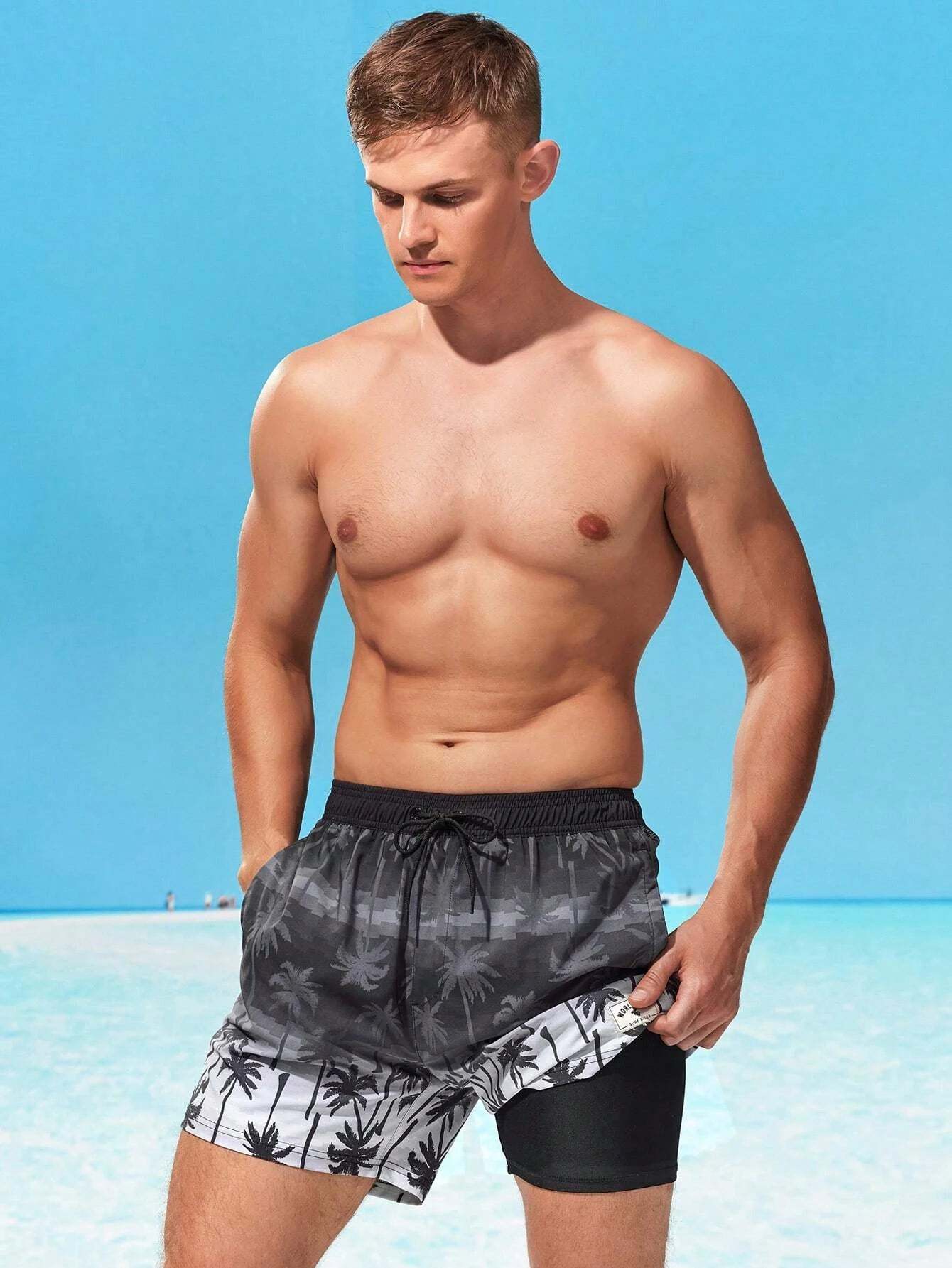 Tropical Print 2 In 1 Drawstring Waist Pocket Swim Trunks-Waves And Trunks
