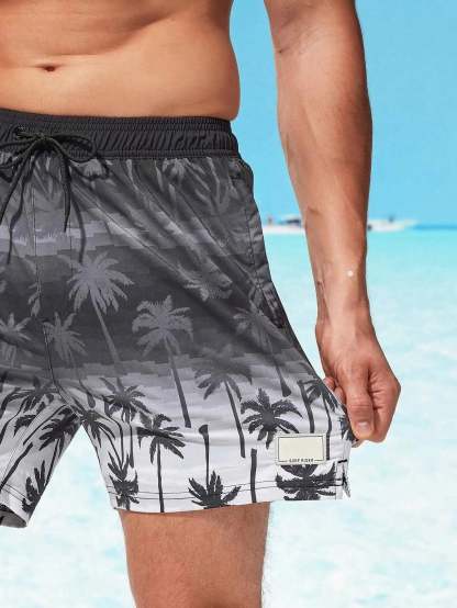 Coconut Tree Print Swim Trunks With Pocket-Waves And Trunks