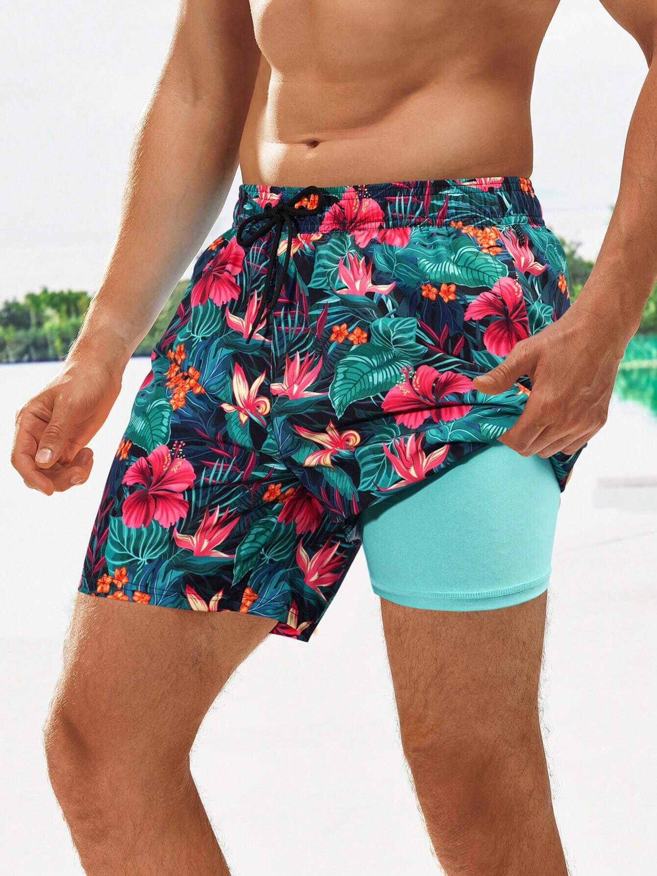 Tropical Print Drawstring Waist 2 In 1 Swim Trunks-Waves And Trunks