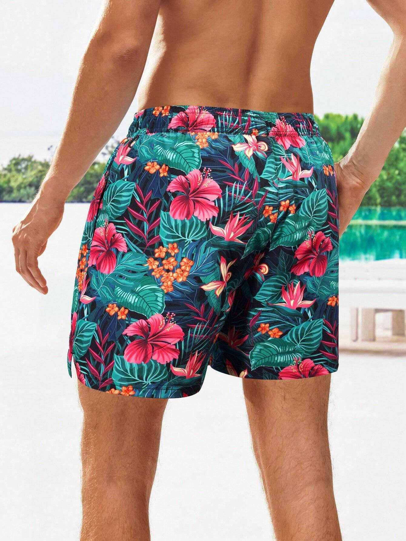 Tropical Print Drawstring Waist 2 In 1 Swim Trunks-Waves And Trunks