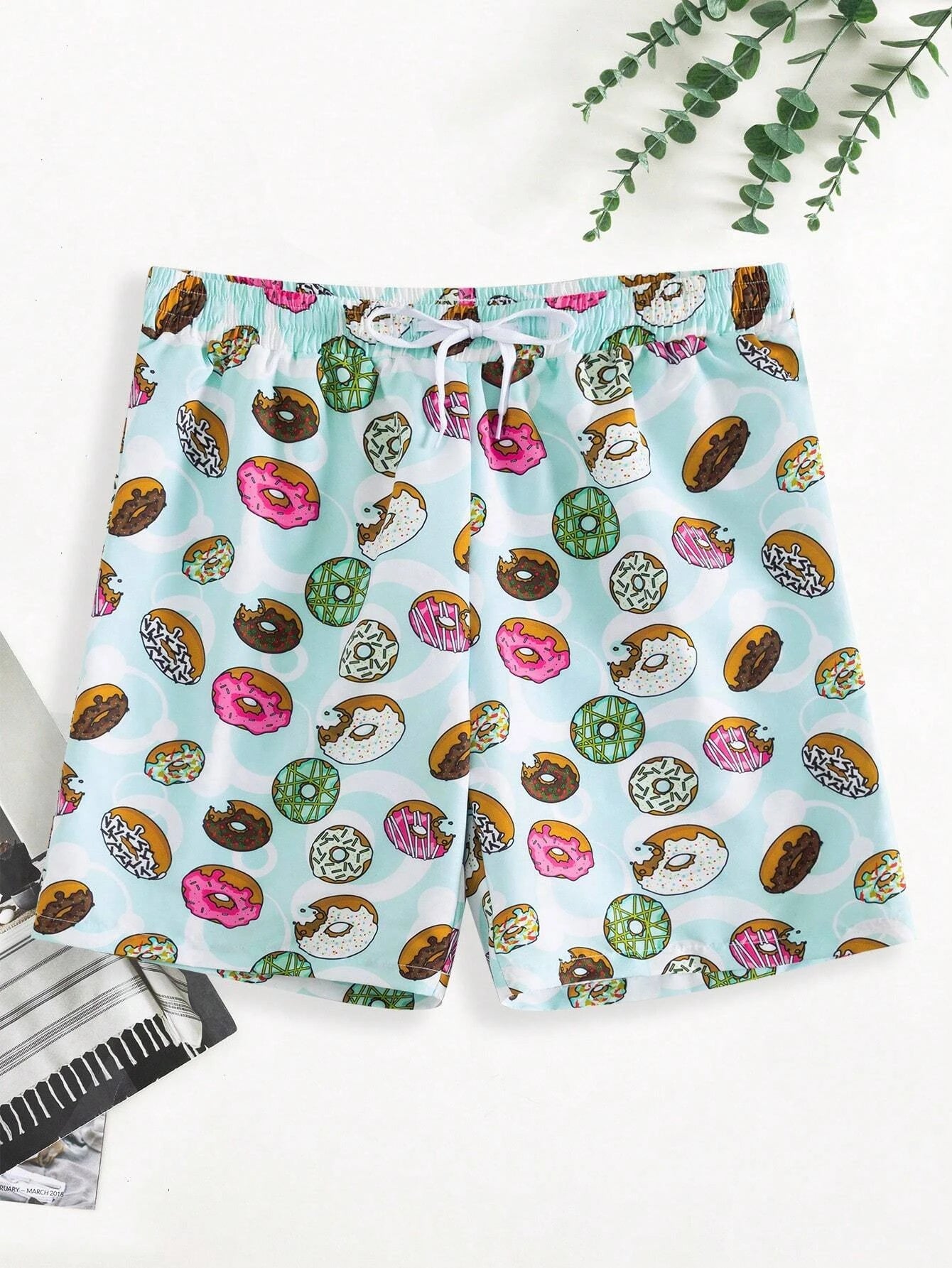 Donuts Print Drawstring Waist Swim Shorts-Waves And Trunks