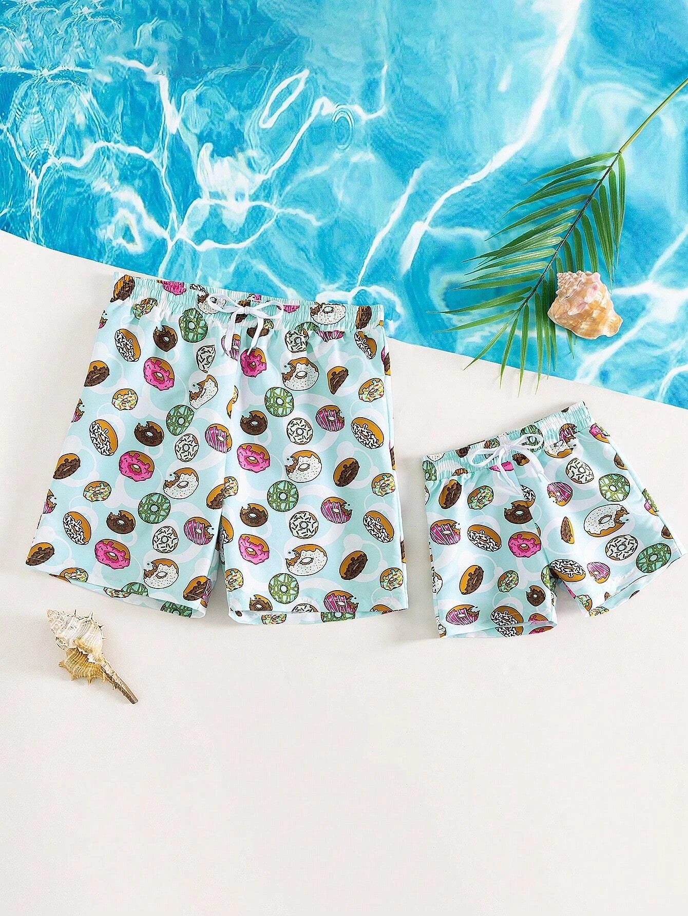 Donuts Print Drawstring Waist Swim Shorts-Waves And Trunks