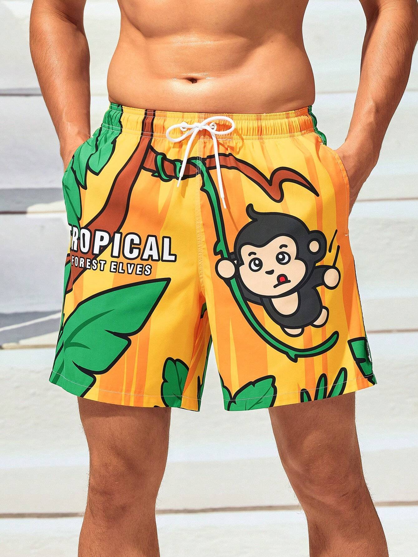 Cartoon Monkey Print Swim Shorts-Waves And Trunks