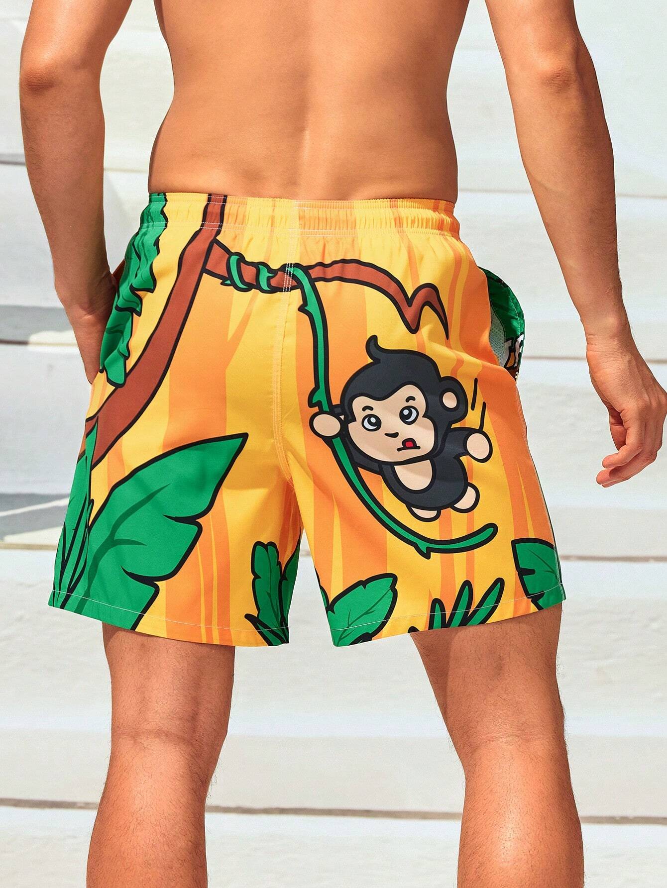 Cartoon Monkey Print Swim Shorts-Waves And Trunks