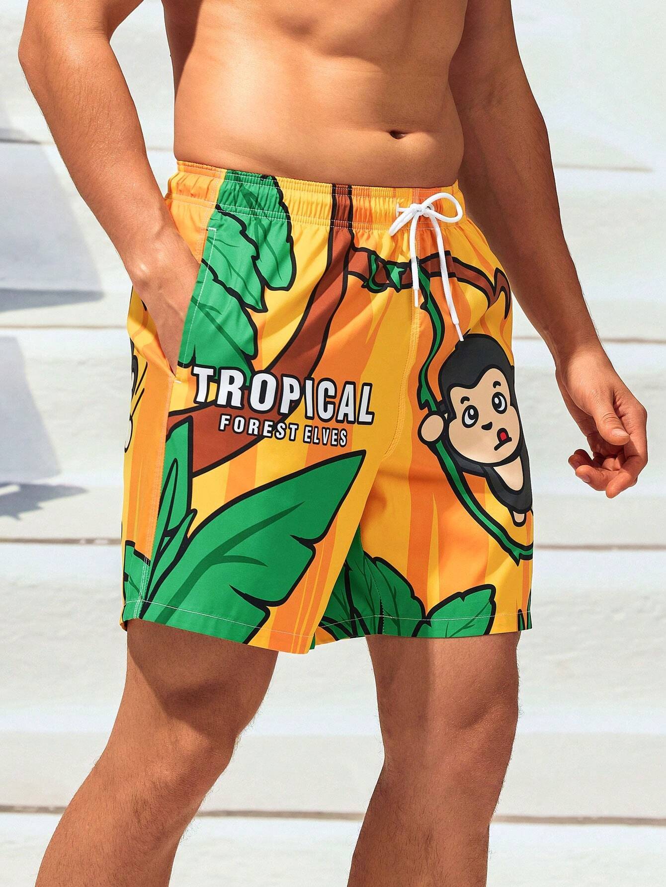 Cartoon Monkey Print Swim Shorts-Waves And Trunks