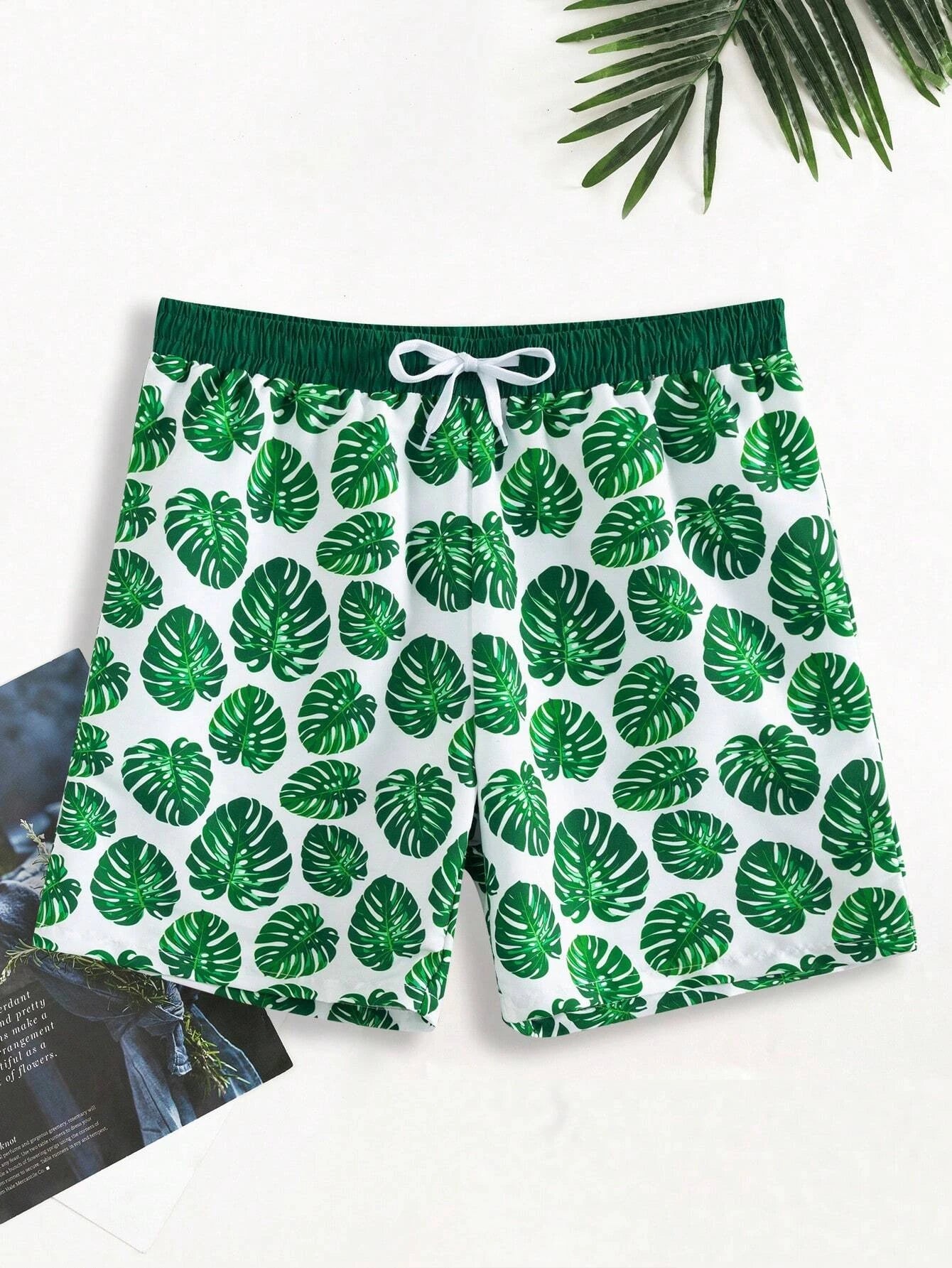 1 Piece Tropical Print Drawstring Swim Trunks-Waves And Trunks