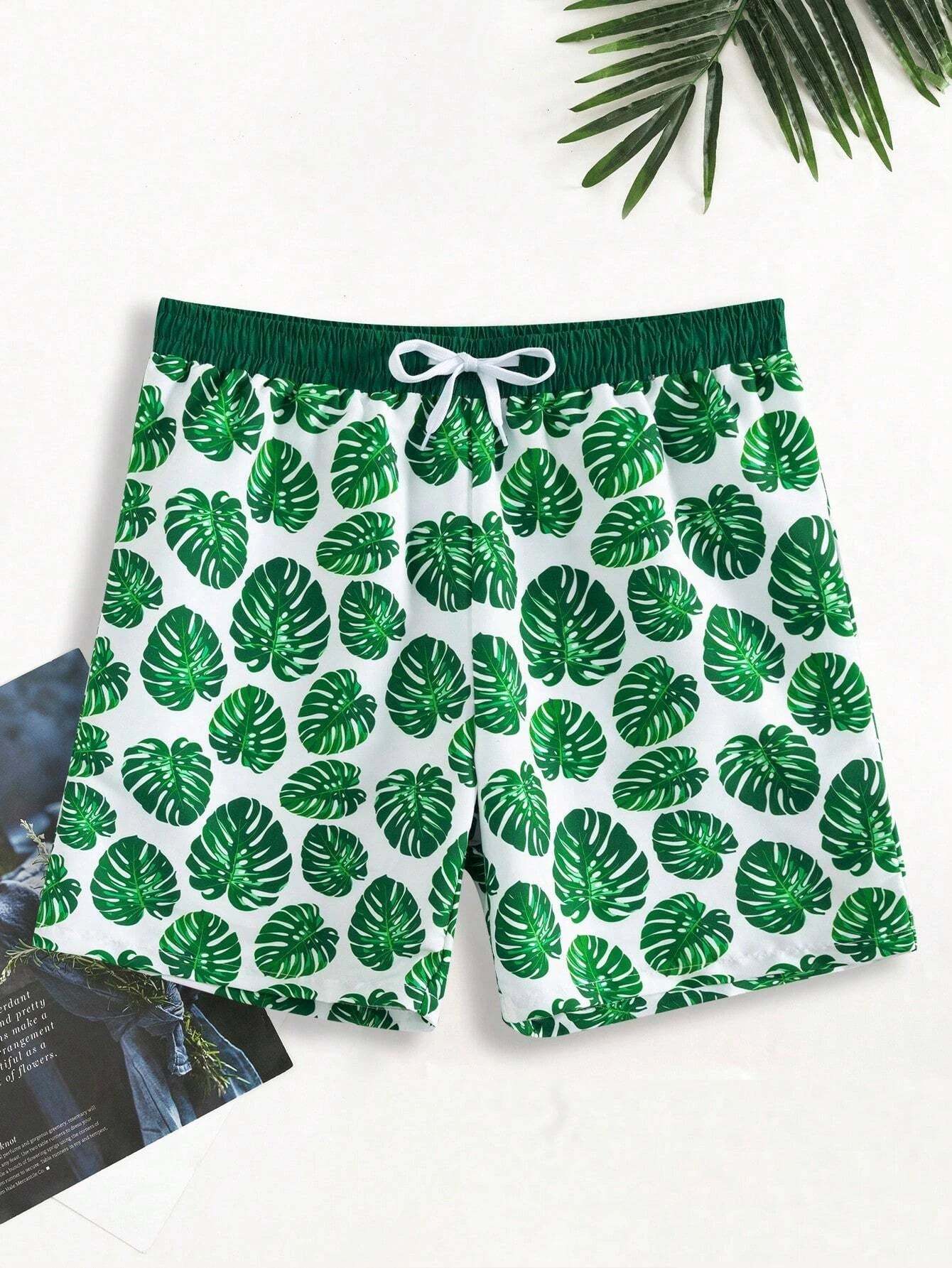 1 Piece Tropical Print Drawstring Swim Trunks-Waves And Trunks