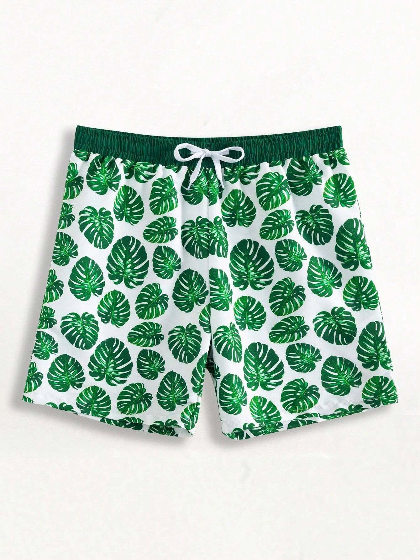 1 Piece Tropical Print Drawstring Swim Trunks-Waves And Trunks
