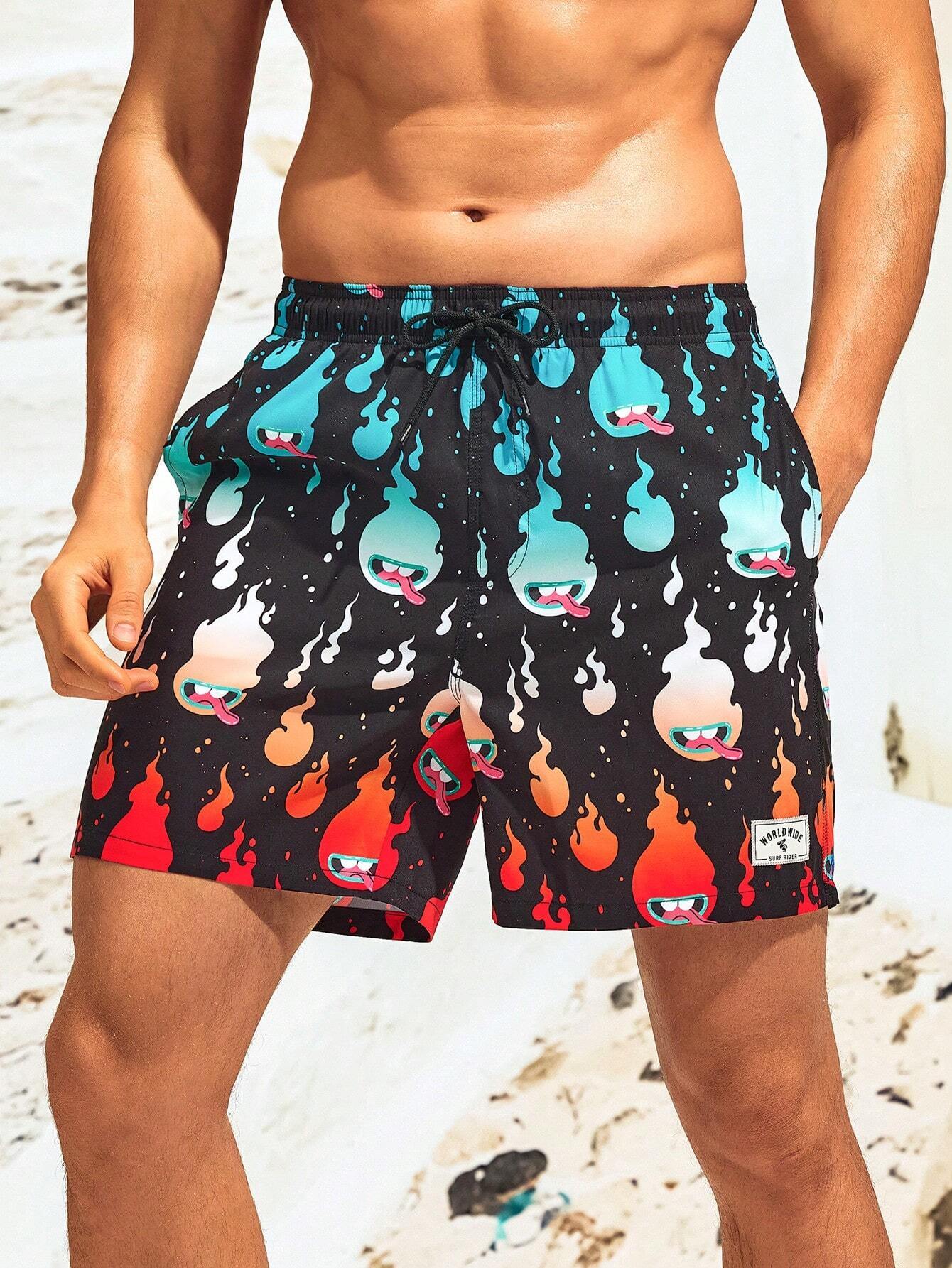 Fire Print Drawstring Waist Swim Trunks-Waves And Trunks