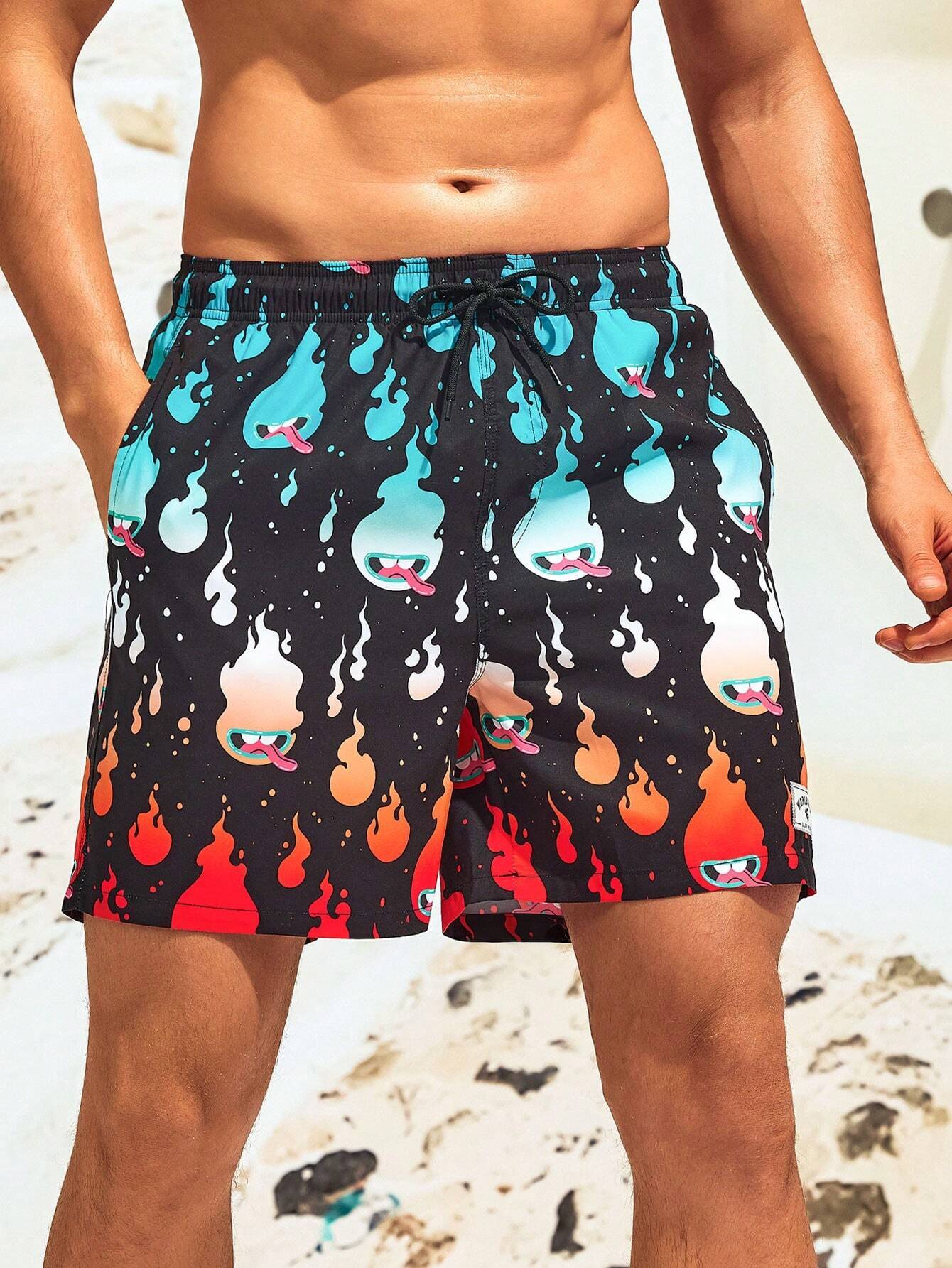 Fire Print Drawstring Waist Swim Trunks-Waves And Trunks