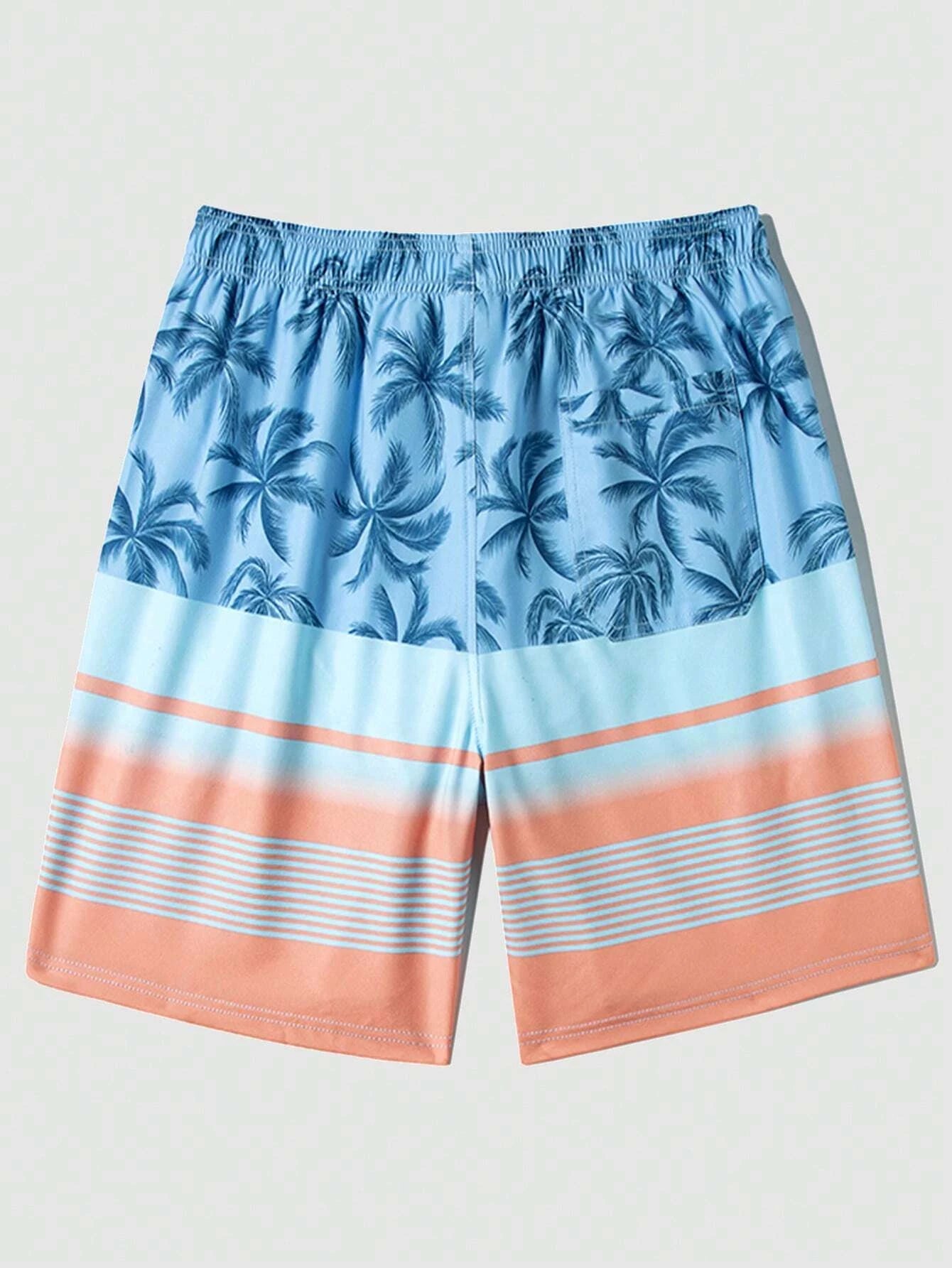 Striped And Palm Tree Print Swim Shorts-Waves And Trunks