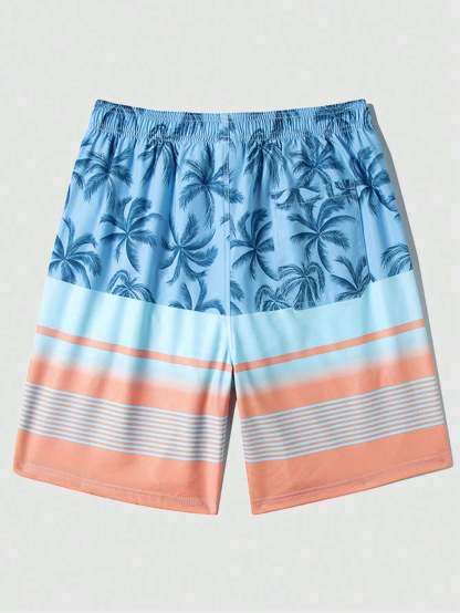 Striped And Palm Tree Print Swim Shorts-Waves And Trunks