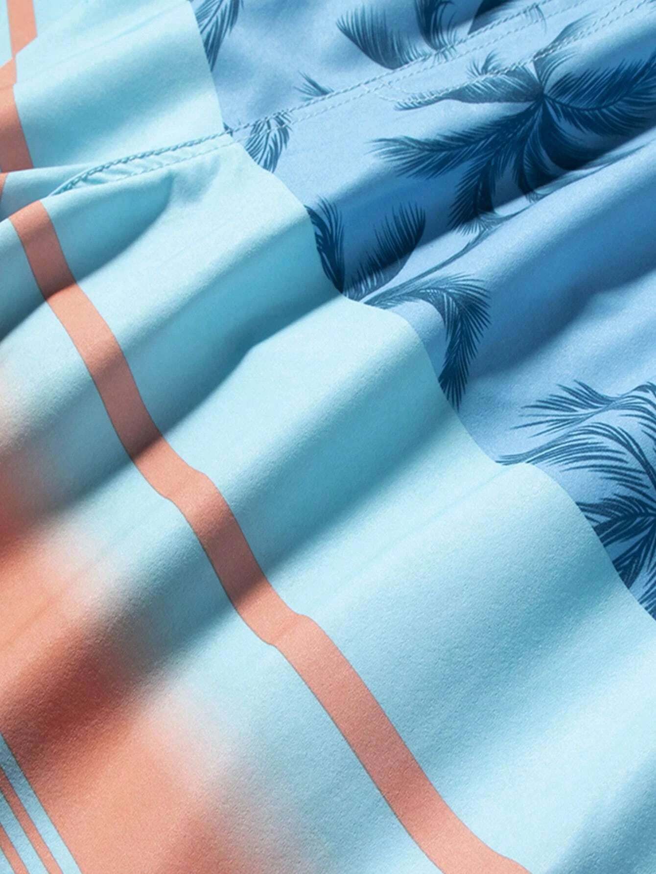 Striped And Palm Tree Print Swim Shorts-Waves And Trunks