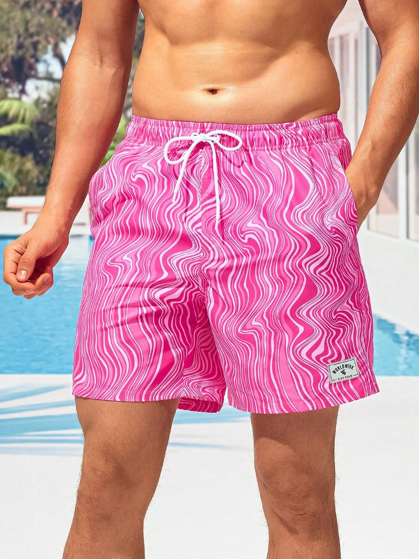 Striped Patched Waist Swim Trunks-Waves And Trunks