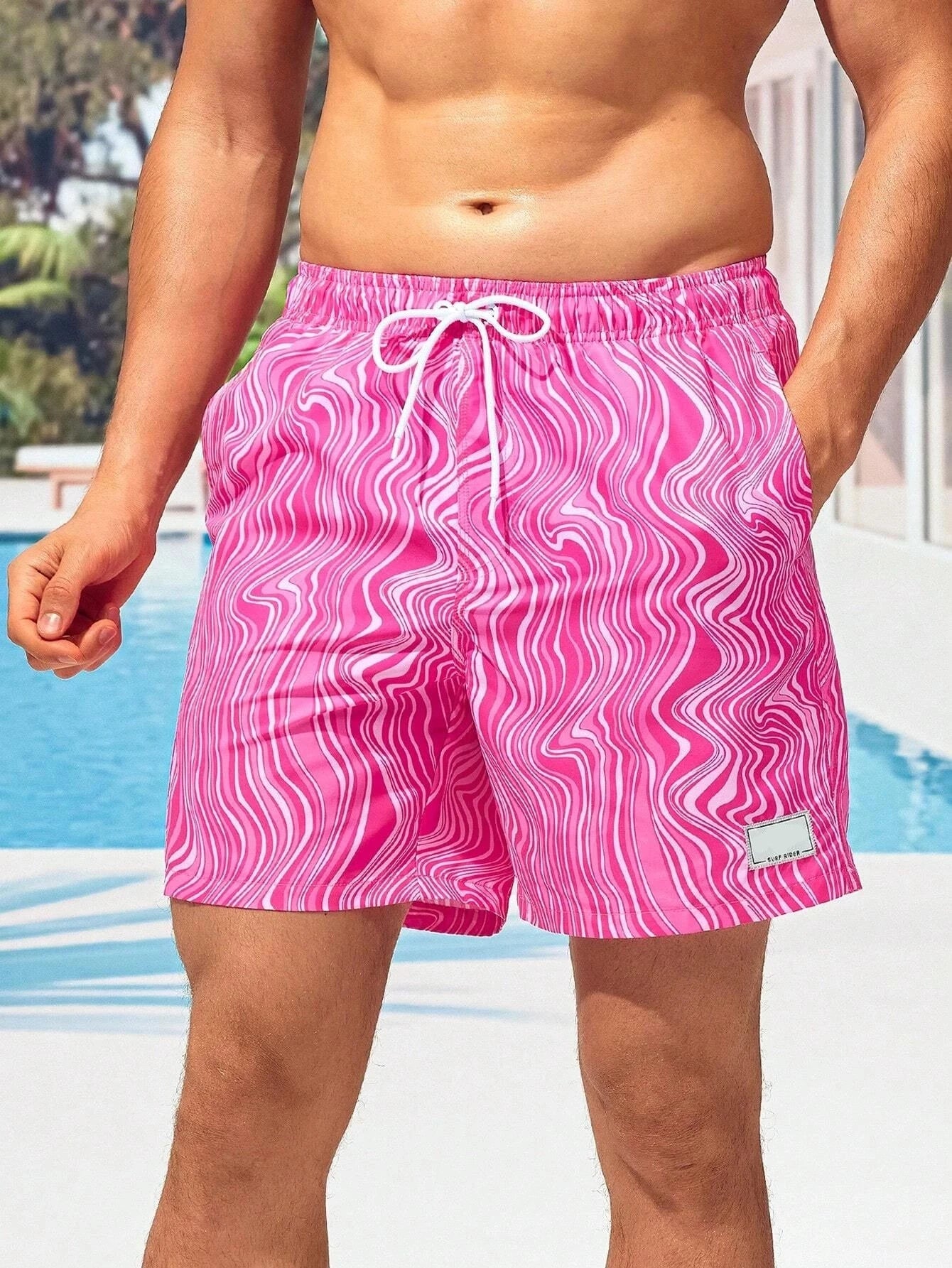 Wave Striped Patched Detail Swim Trunks-Waves And Trunks