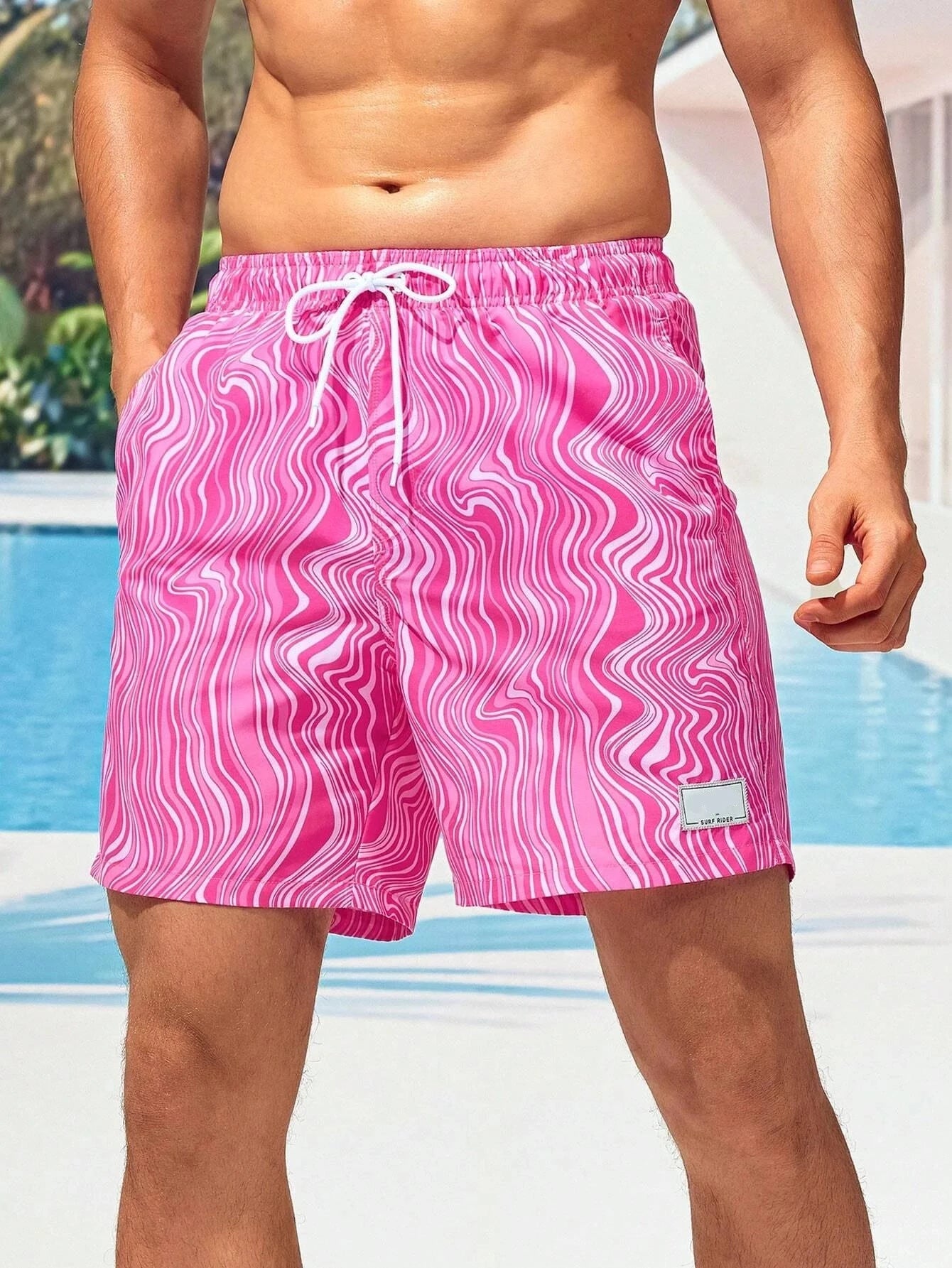 Wave Striped Patched Detail Swim Trunks-Waves And Trunks