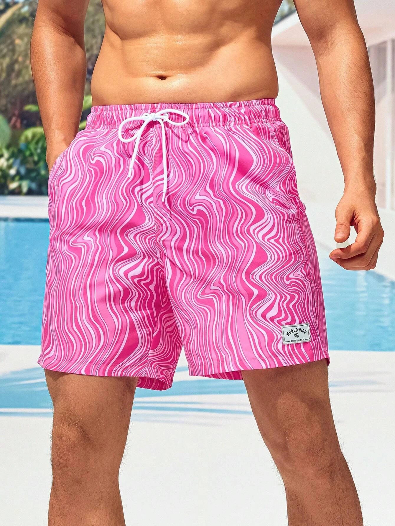 Striped Patched Waist Swim Trunks-Waves And Trunks