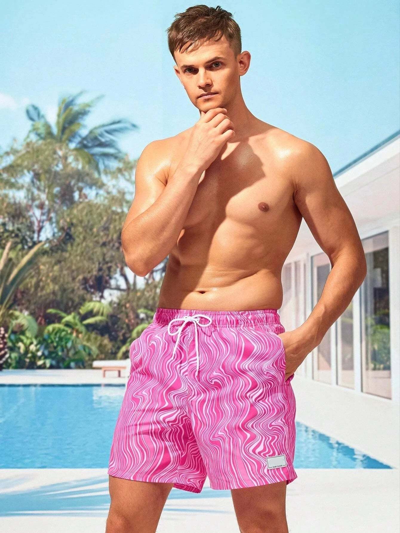 Wave Striped Patched Detail Swim Trunks-Waves And Trunks