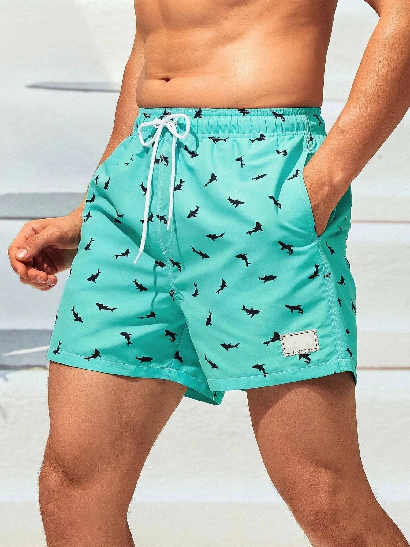 Non Stretch Allover Print Drawstring Waist Swim Trunks-Waves And Trunks