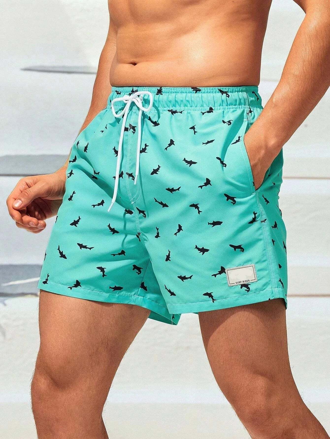 Non Stretch Allover Print Drawstring Waist Swim Trunks-Waves And Trunks
