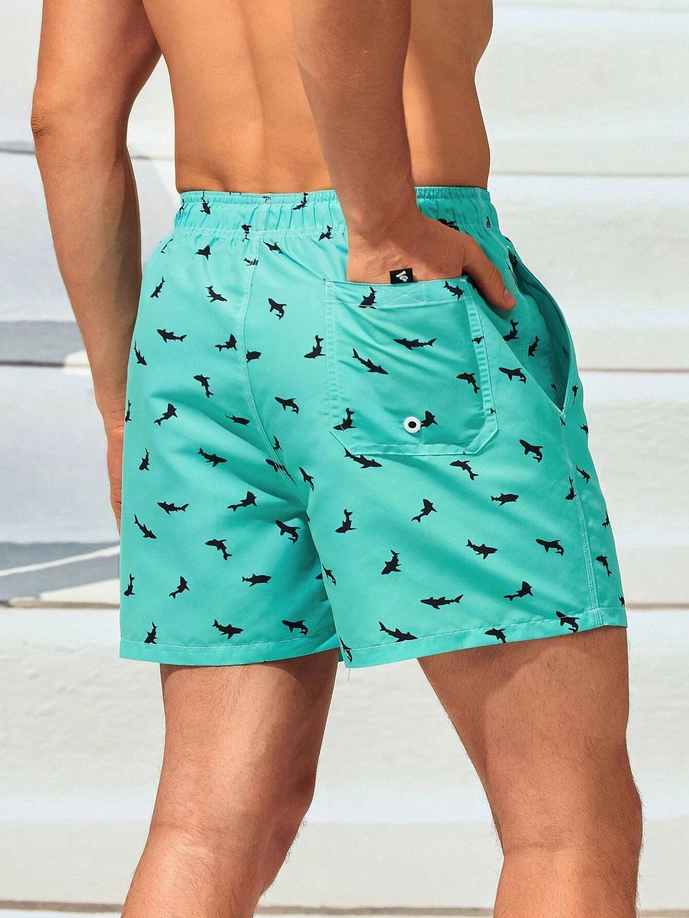 Non Stretch Allover Print Drawstring Waist Swim Trunks-Waves And Trunks