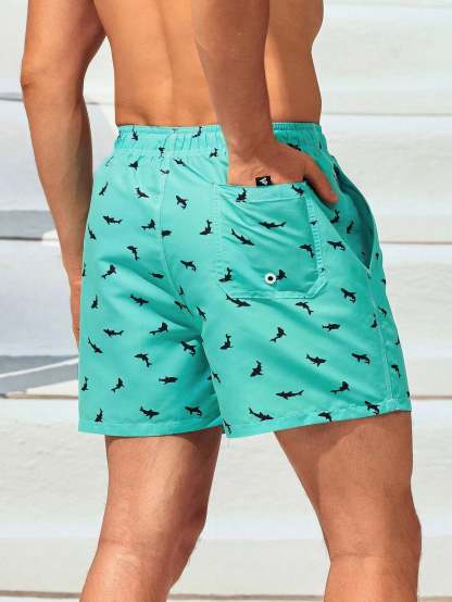 Non Stretch Allover Print Drawstring Waist Swim Trunks-Waves And Trunks