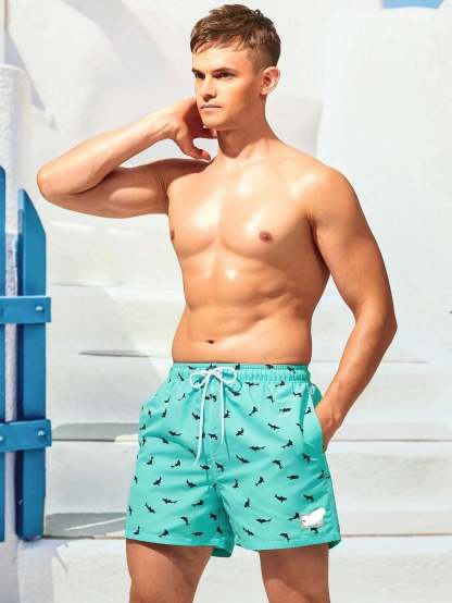 Non Stretch Allover Print Drawstring Waist Swim Trunks-Waves And Trunks