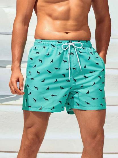 Non Stretch Allover Print Drawstring Waist Swim Trunks-Waves And Trunks