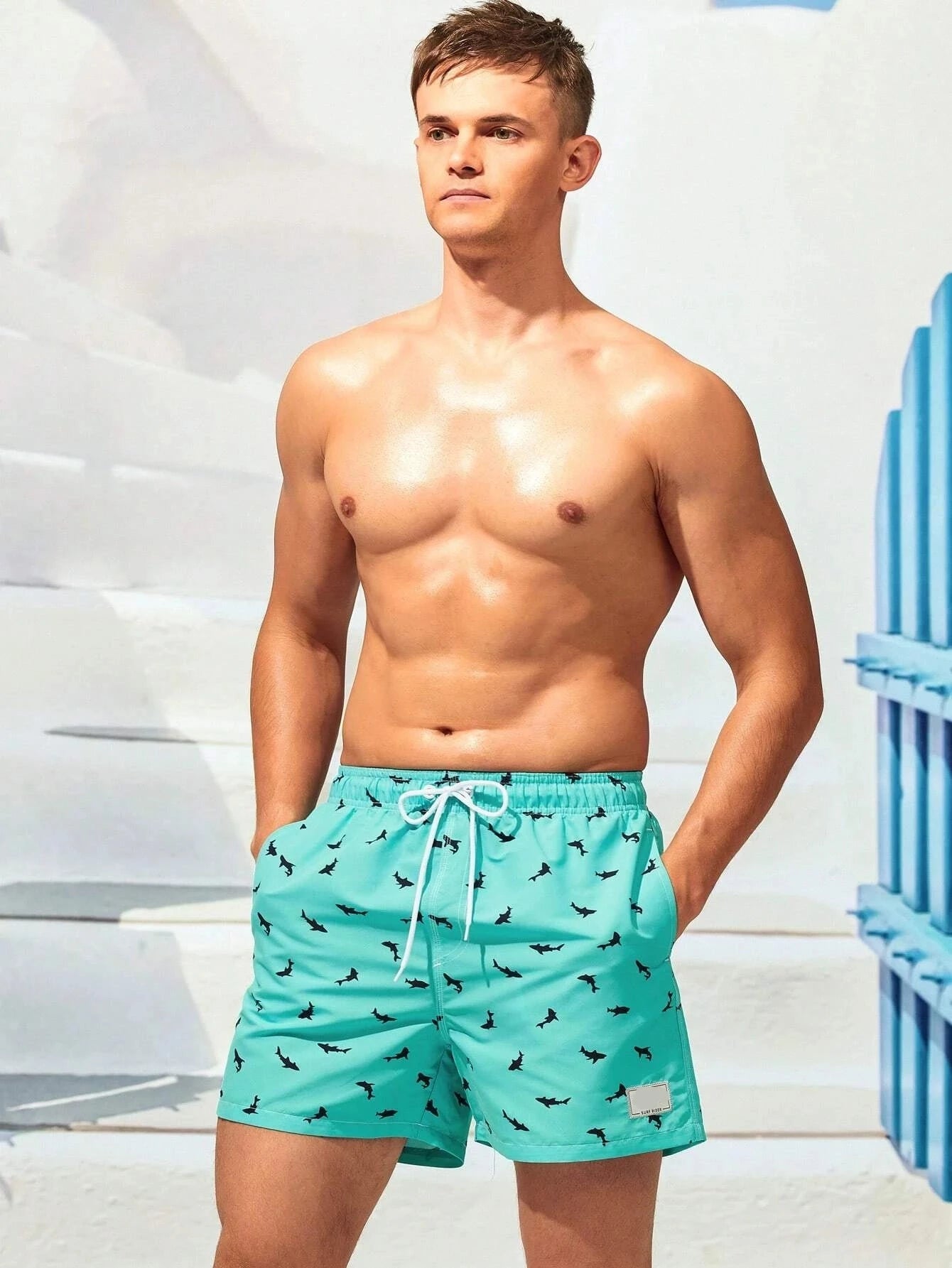 Non Stretch Allover Print Drawstring Waist Swim Trunks-Waves And Trunks