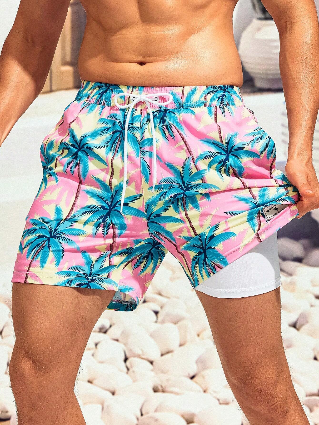 Coconut Tree Print Drawstring Waist Shorts-Waves And Trunks